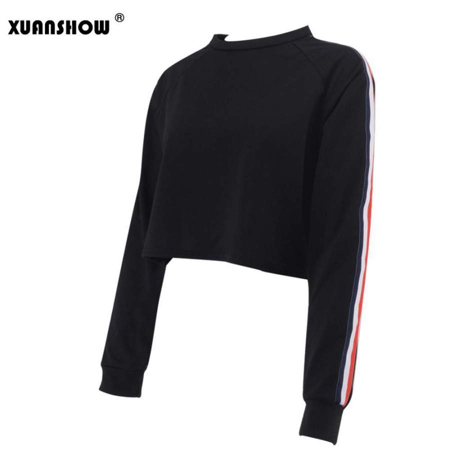 XUANSHOW Fashion 2018 Women Tops Spring Summer Long Sleeve Sweatshirt Striped Tape Cropped Hoodie Short Pullover Sudadera Mujer