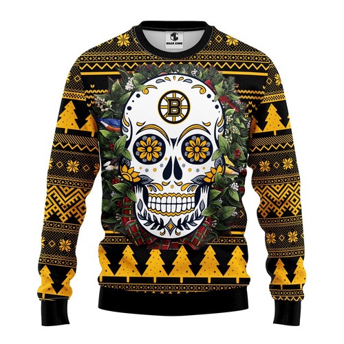 Boston Bruins Skull Flower Christmas Gift For Fan Ugly Wool Sweater Christmas