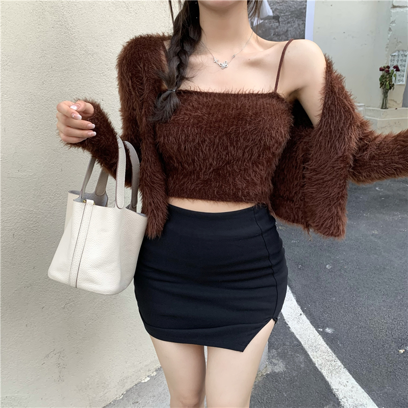 Woherb Korean Autumn Women Knitted Two Piece Set Knitted Cropped Cardigan + Spaghetti Strap Camisole Vest Mohair Clothing Set alx