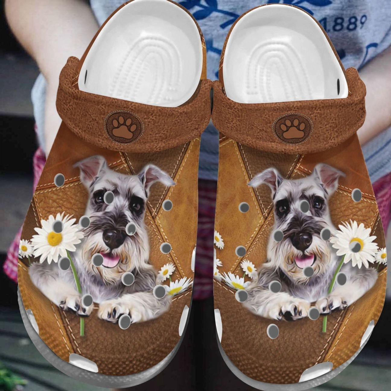 Schnauzer Personalize Clog, Custom Name, Text, Fashion Style For Women, Men, Kid, Print 3D Whitesole Daisy Schnauzer