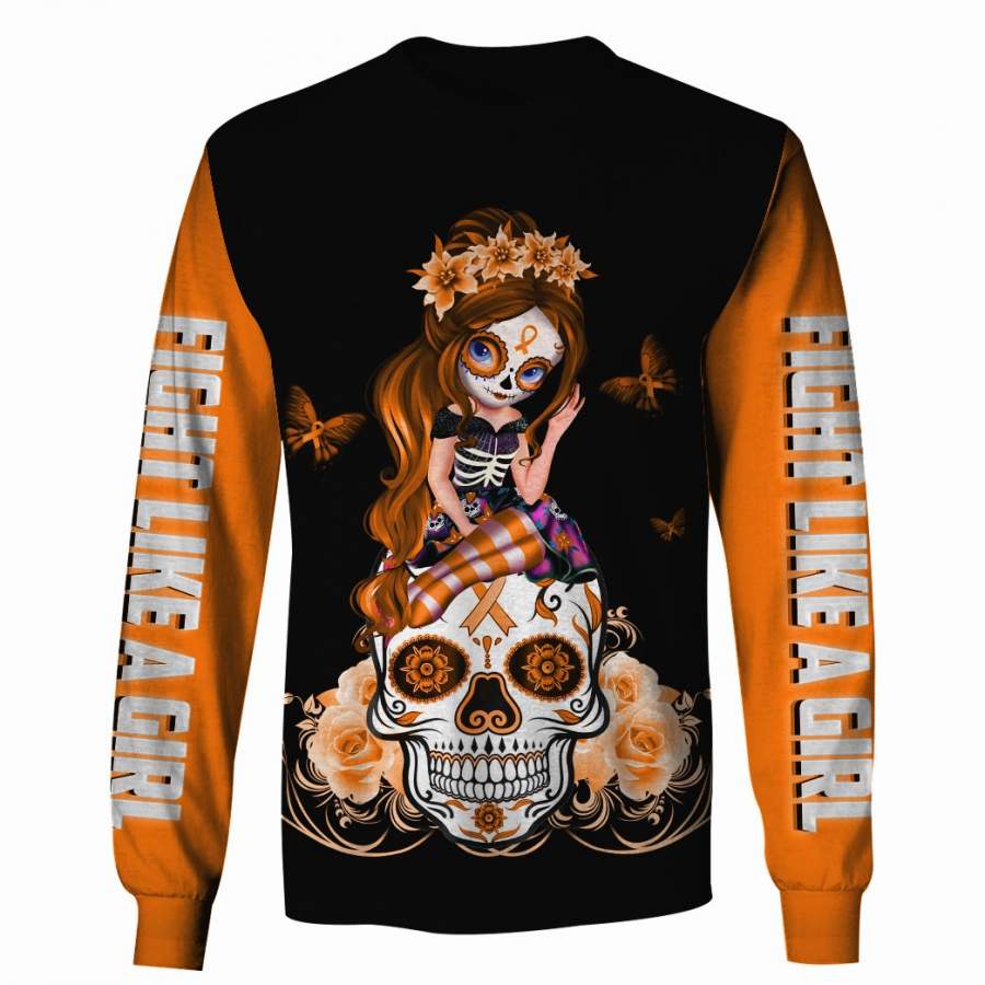 Orange Leukemia Sugar Skull Girl Awareness Zipup/ Pullover Hoodie T-shirt Sweatshirt