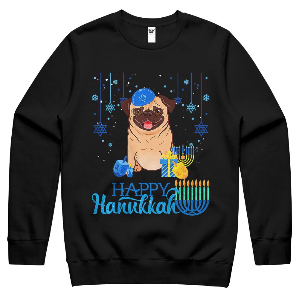 Jewish Pug Dog Menorah Hat Chanukah Hanukkah Jewish Xmas Crewneck Sweatshirt