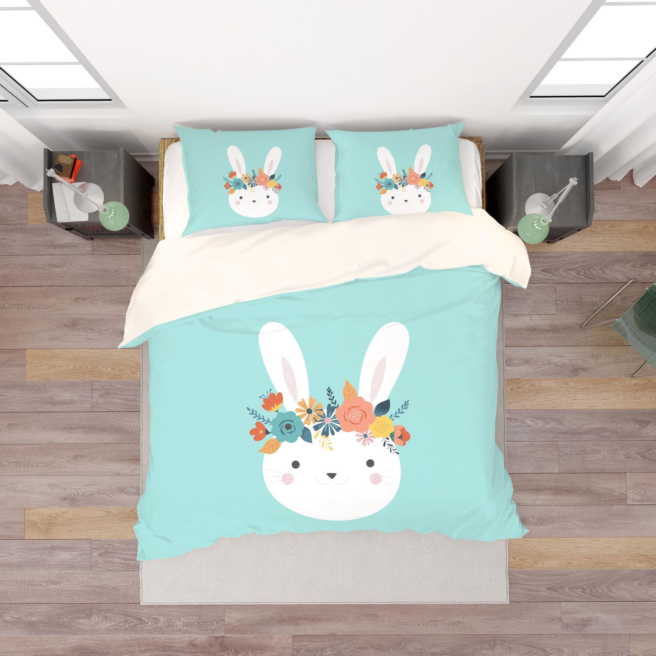 3D Blue Rabbit Head Floral Bedding Set Bedroom Decor