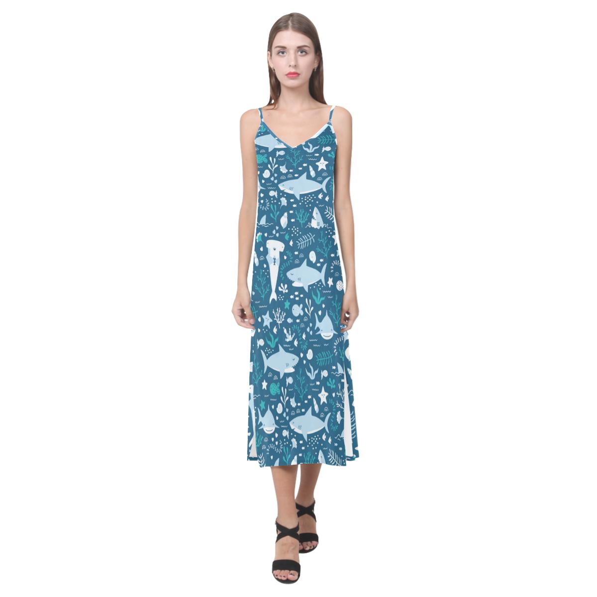 Cute shark pattern V-Neck Open Fork Long Dress