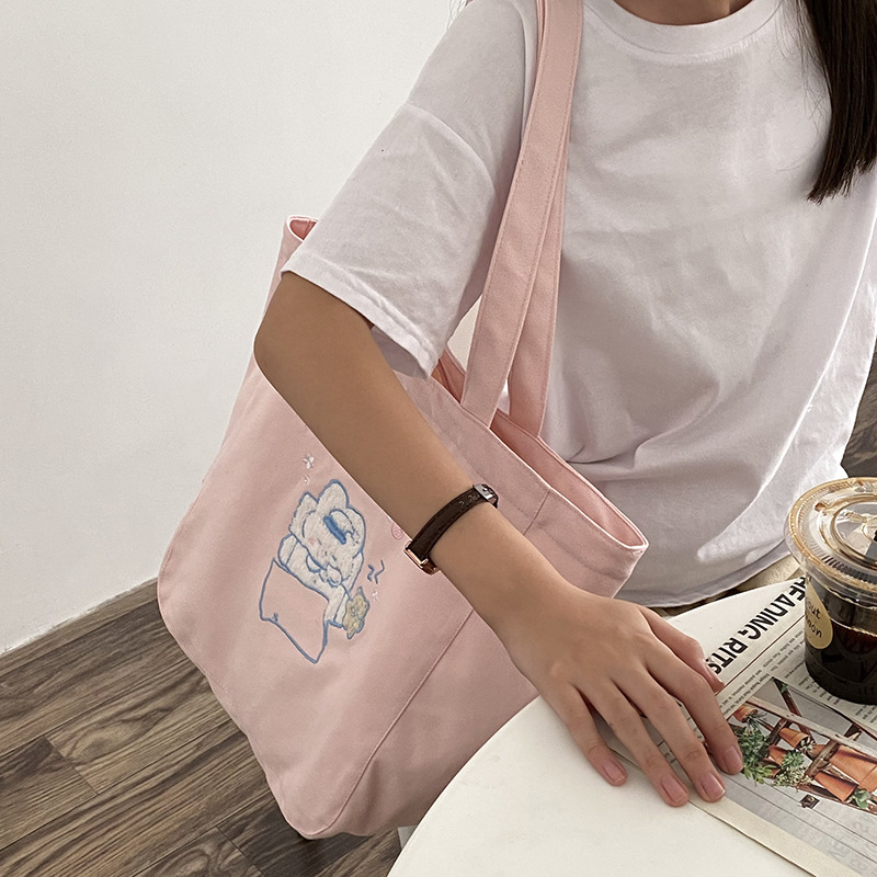 Women Canvas Bag Cute Rabbit Puppy Embroidery Zipper Shoulder Bags Students Books Tote Cotton Cloth Purse Handbag For Ladies alx