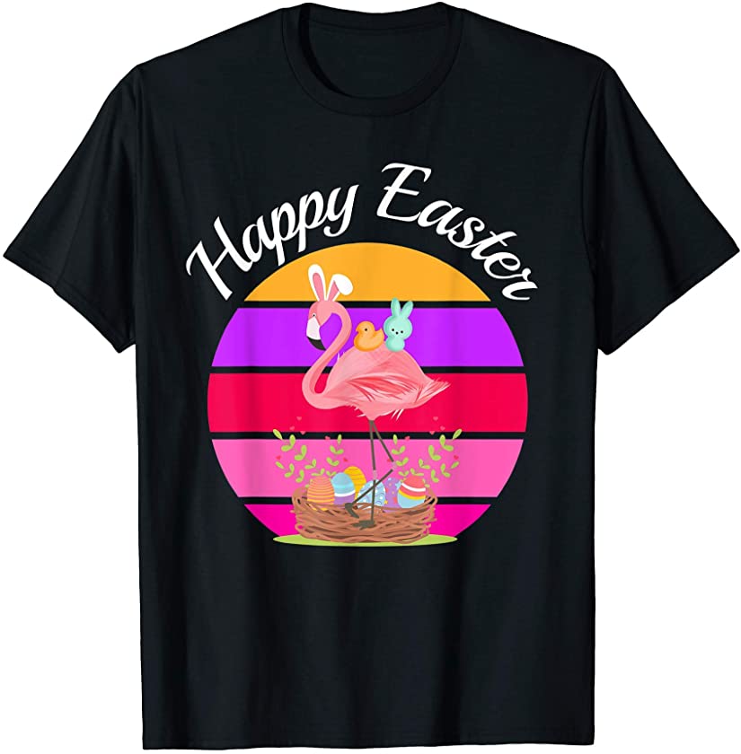 Cute Easter Flamingo With Bunny Ears Peeps And Chicks Kids T-Shirt