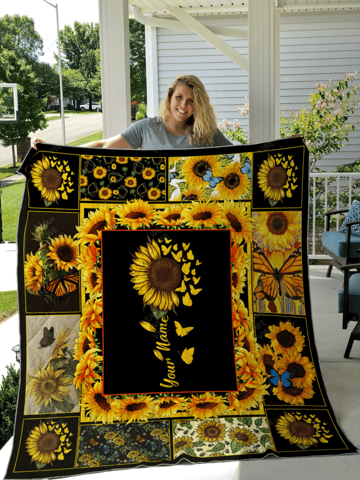 Sunflower Love Butterfly Custom Text Name Fleece Blanket