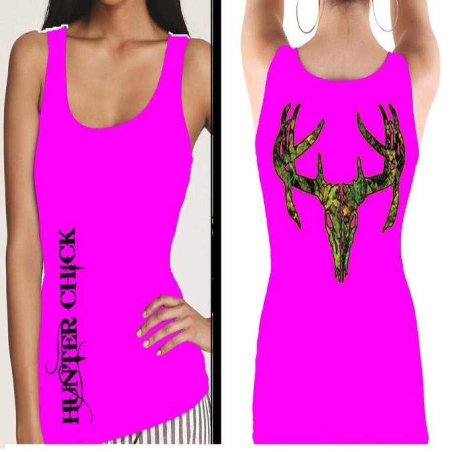 Country Life Outfitters Hunter Chick Pink Camo Realtree Deer Skull Head Hunt Vintage Bright Fitted Tank Top Shirt