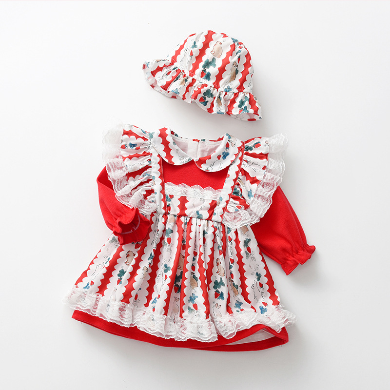 Baby Girl Dress Peter Pan Collar Newborn Birthday Party Wedding Christening Dresses Print Kids Clothes Red with Hat 0-4Y alx