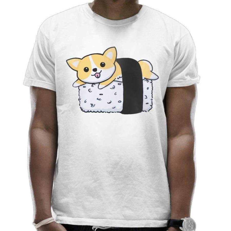 Men Cute Corgi Sushi Rounded Collar T-Shirt Casual Tee