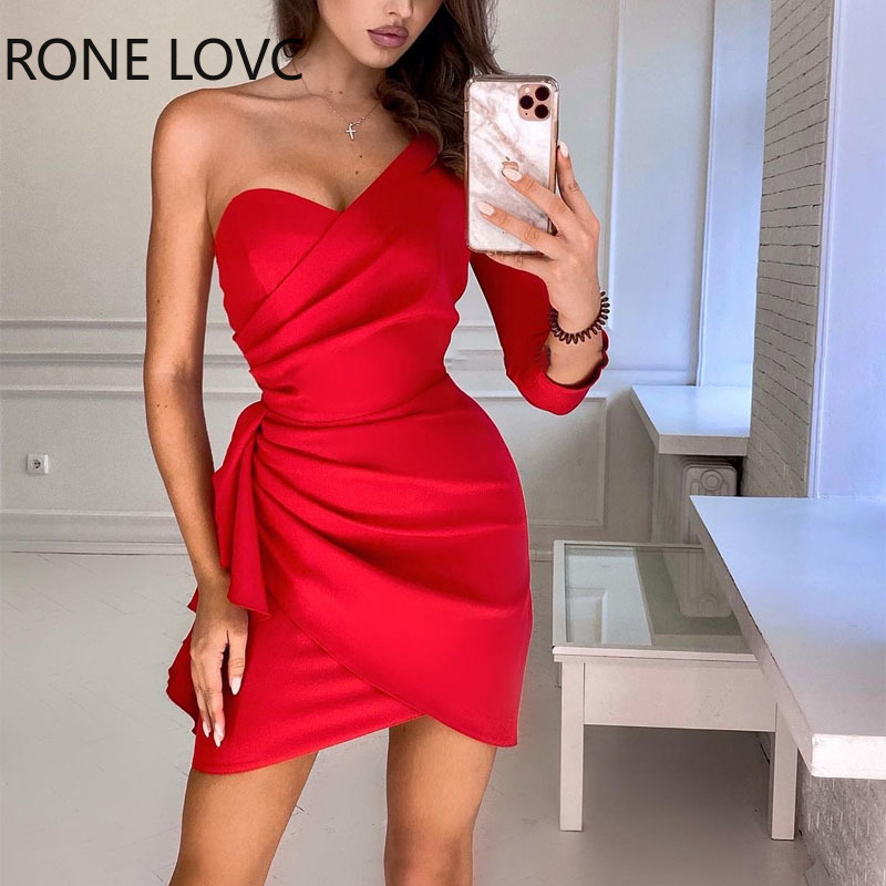 Women Solid Elegant One Shoulder Long Sleeves Small Silt Ruffle Hem Formal Party Red Dresses alx