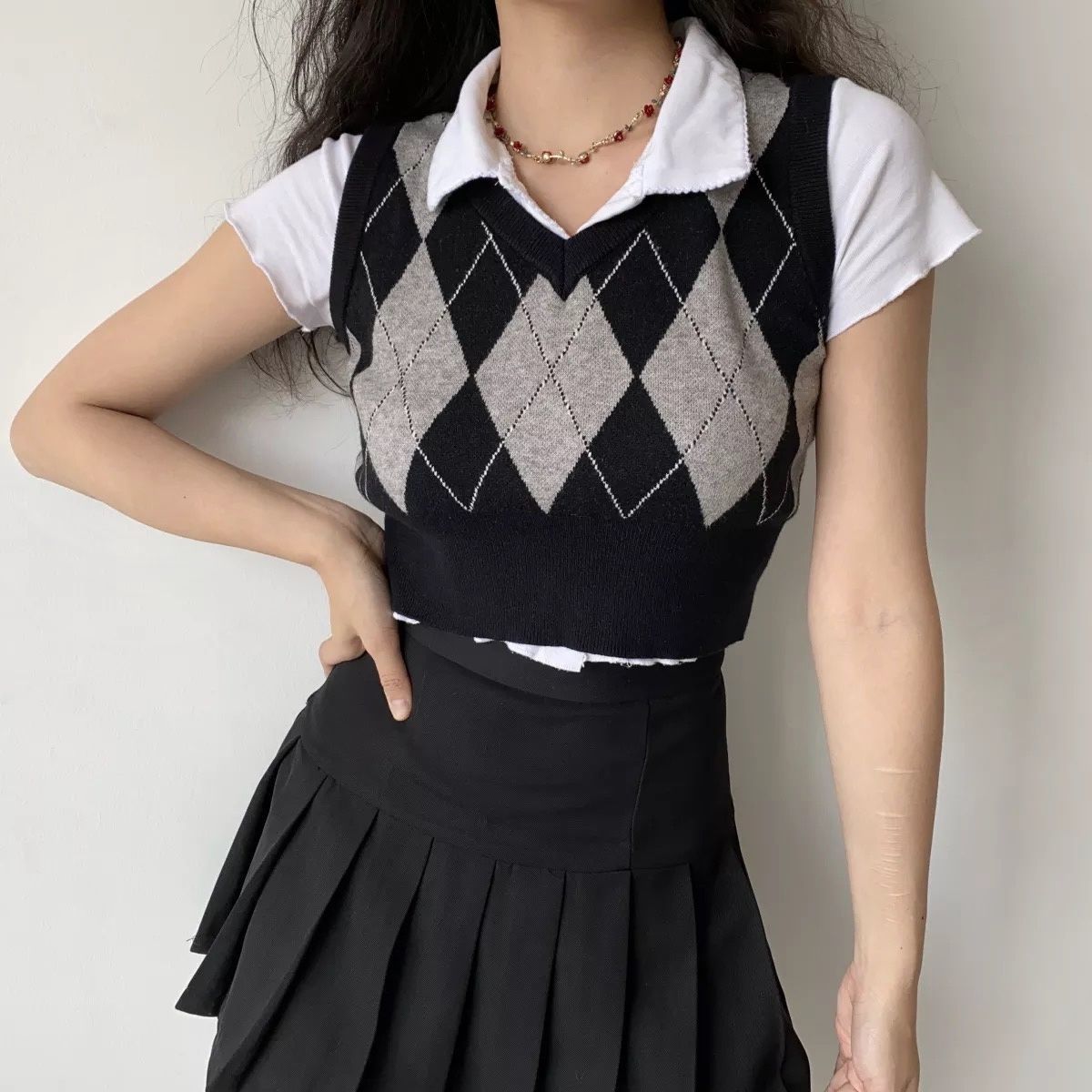 Cropped Tops Sweater Vest Women Vintage Patchwork Slimming Spring Fashion All-match Preppy Style Streetwear Student Harajuku Ins alx