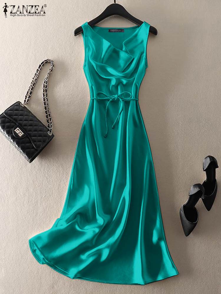 ZANZEA Elegant Women Satin Dresses Solid Loose Robes 2022 Summer Sleeveless Tank Vestidos Casual Cowl Neck Glossy Midi Sundress alx