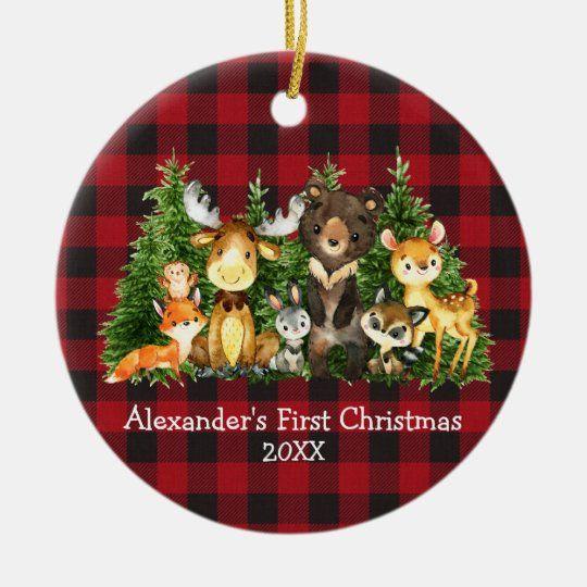 Personalized Ornament Baby First Christmas Forest Animals Plaid Round Customized Circle Ornament