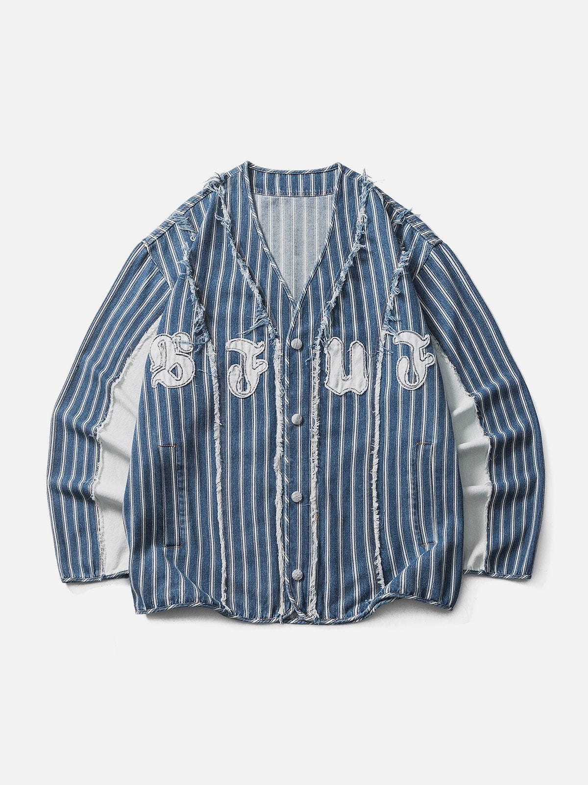 Talishko™ – Stripes Patchwork Baseball Denim Jacket