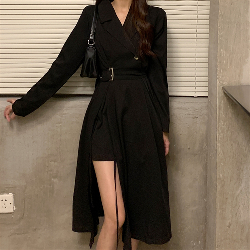 Vintage Punk Bandage Maxi Dresses for Women Streetweear Balck Long Blazer Dress with Belt Korean Fashion Style Long Sleeve Dress alx