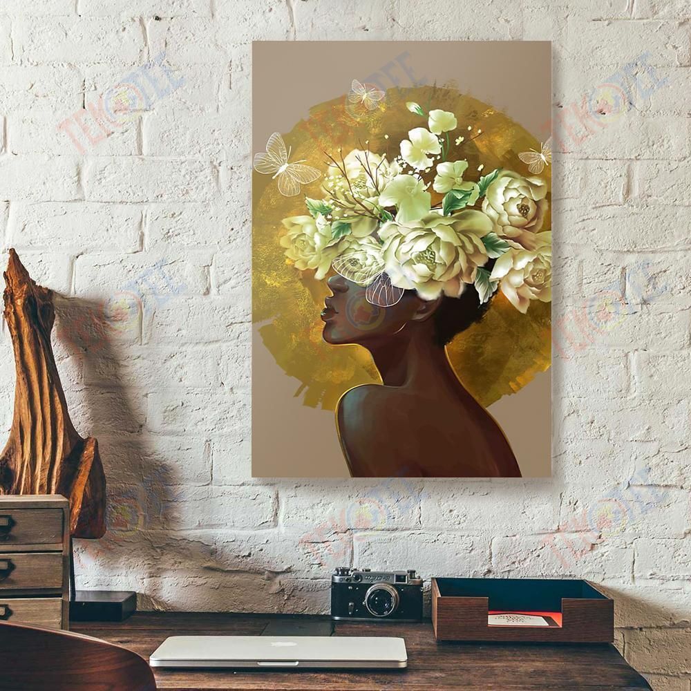 Canvas Painting Black Girl Flowers Butterfly Vertical Canvas Wall Art Artistic Living Room Bedroom Bathroom Home Decoration