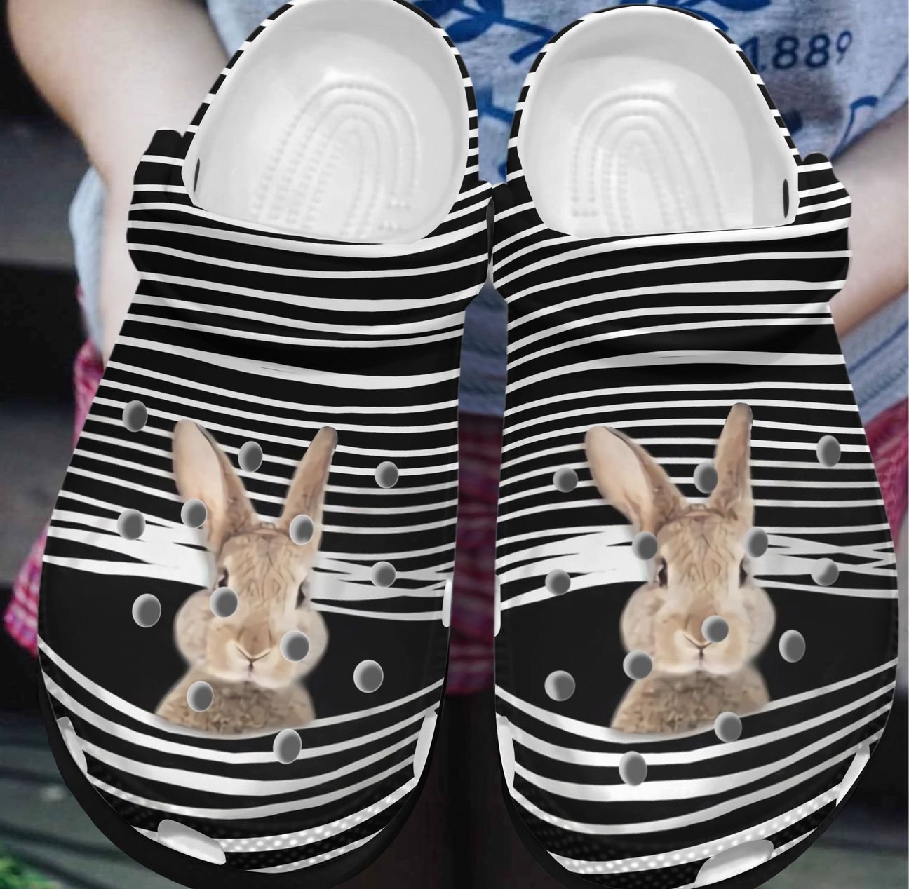 Rabbit Personalize Clog, Custom Name, Text, Fashion Style For Women, Men, Kid, Print 3D Whitesole Rabbit And Stripes