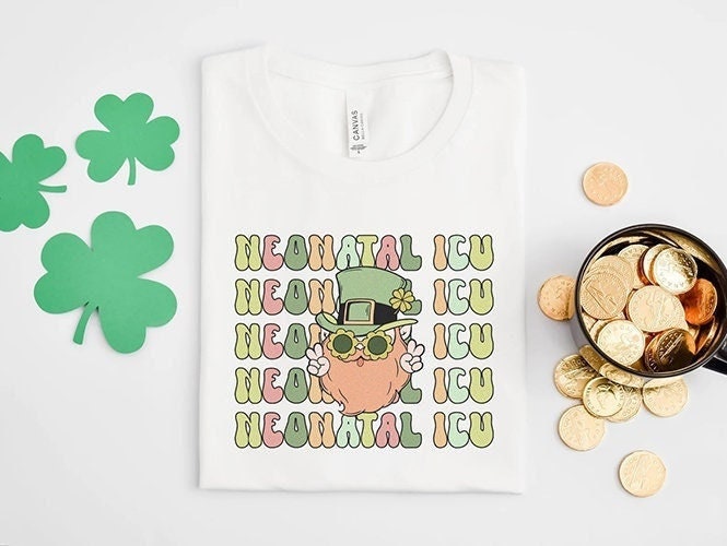 Retro NICU St Patrick’s Day T-Shirt, Funny Neonatal ICU Nurse Rn Tech Saint Patty’s Shirt, Newborn ICU Nurse Groovy Leprechaun Tshirt