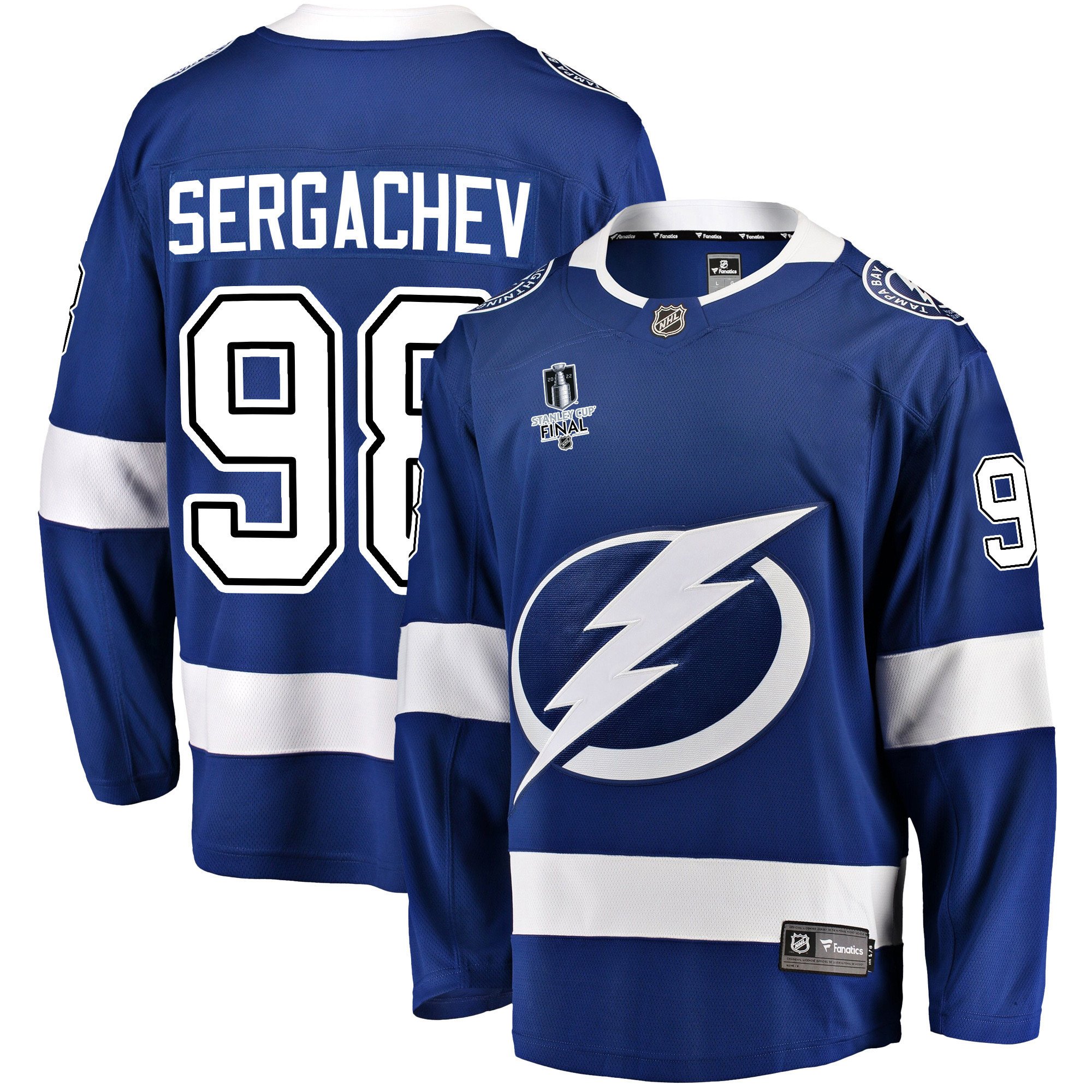 Tampa Bay Lightning Mikhail Sergachev 98 Home 2022 Stanley Cup Final Breakaway Men Jersey – Blue