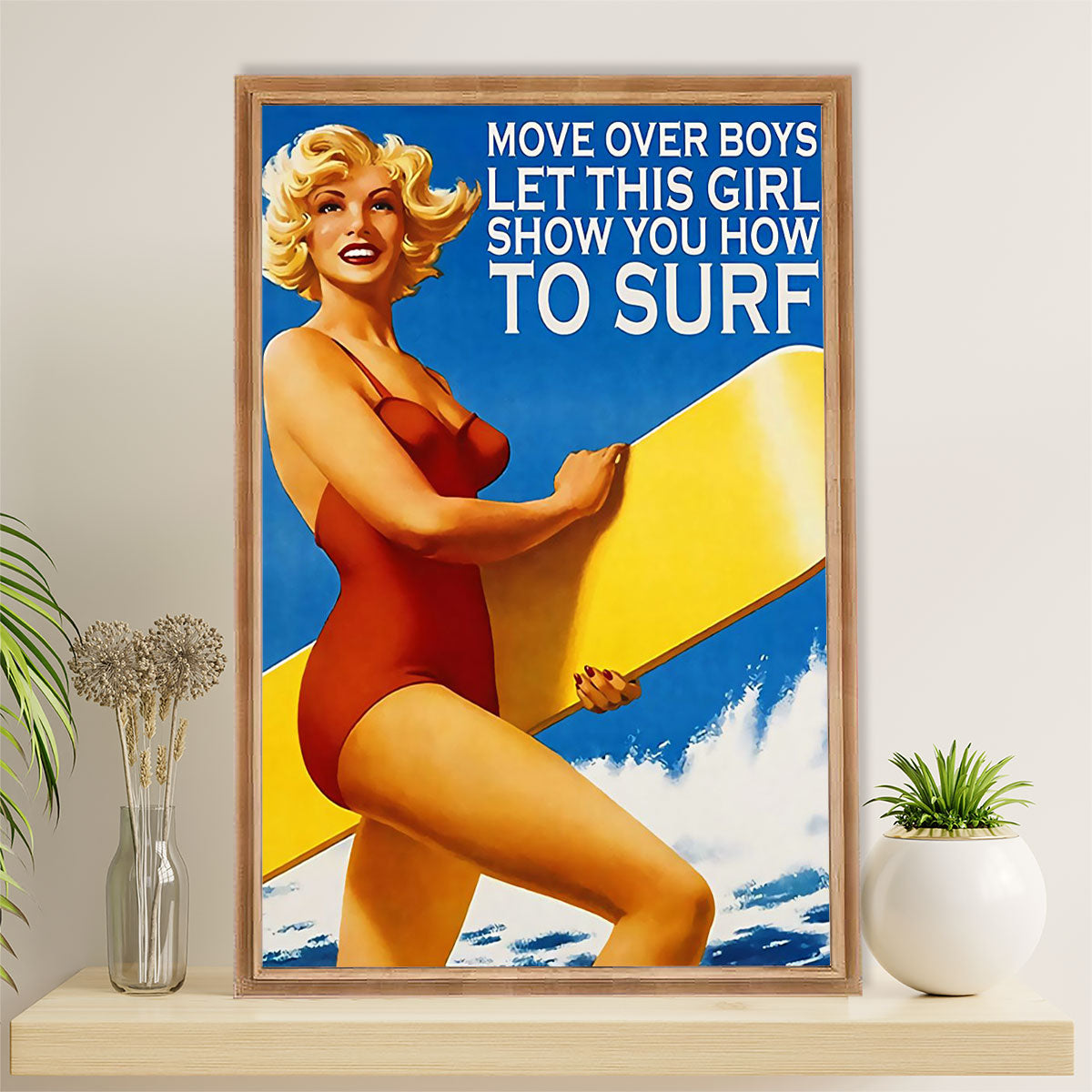 Water Surfing Canvas Wall Art Prints | Girl Surfing | Home Décor Gift For Beach Surfer