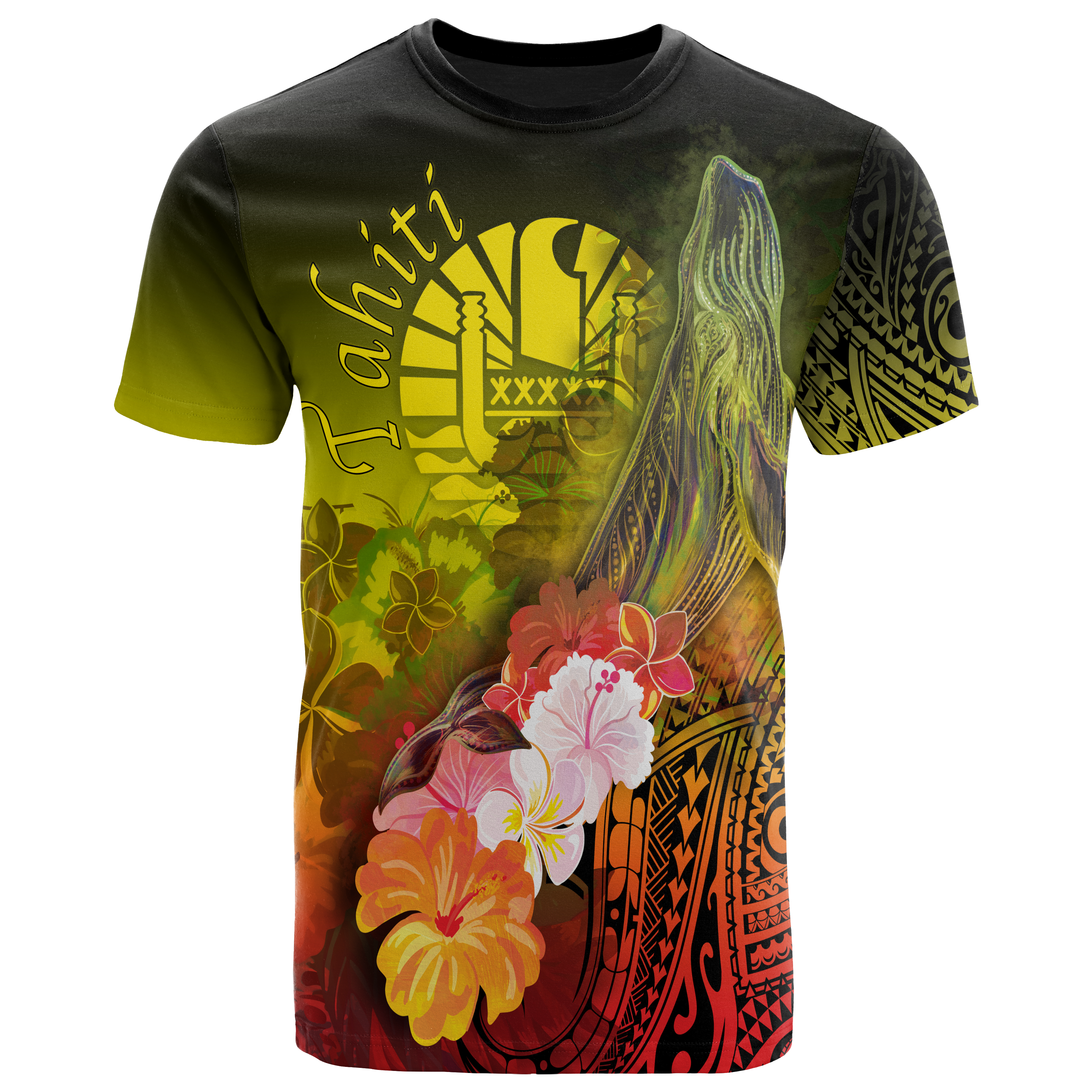 Tahiti T-Shirts – Humpback Whale with Tropical Flowers (Yellow)- BN18