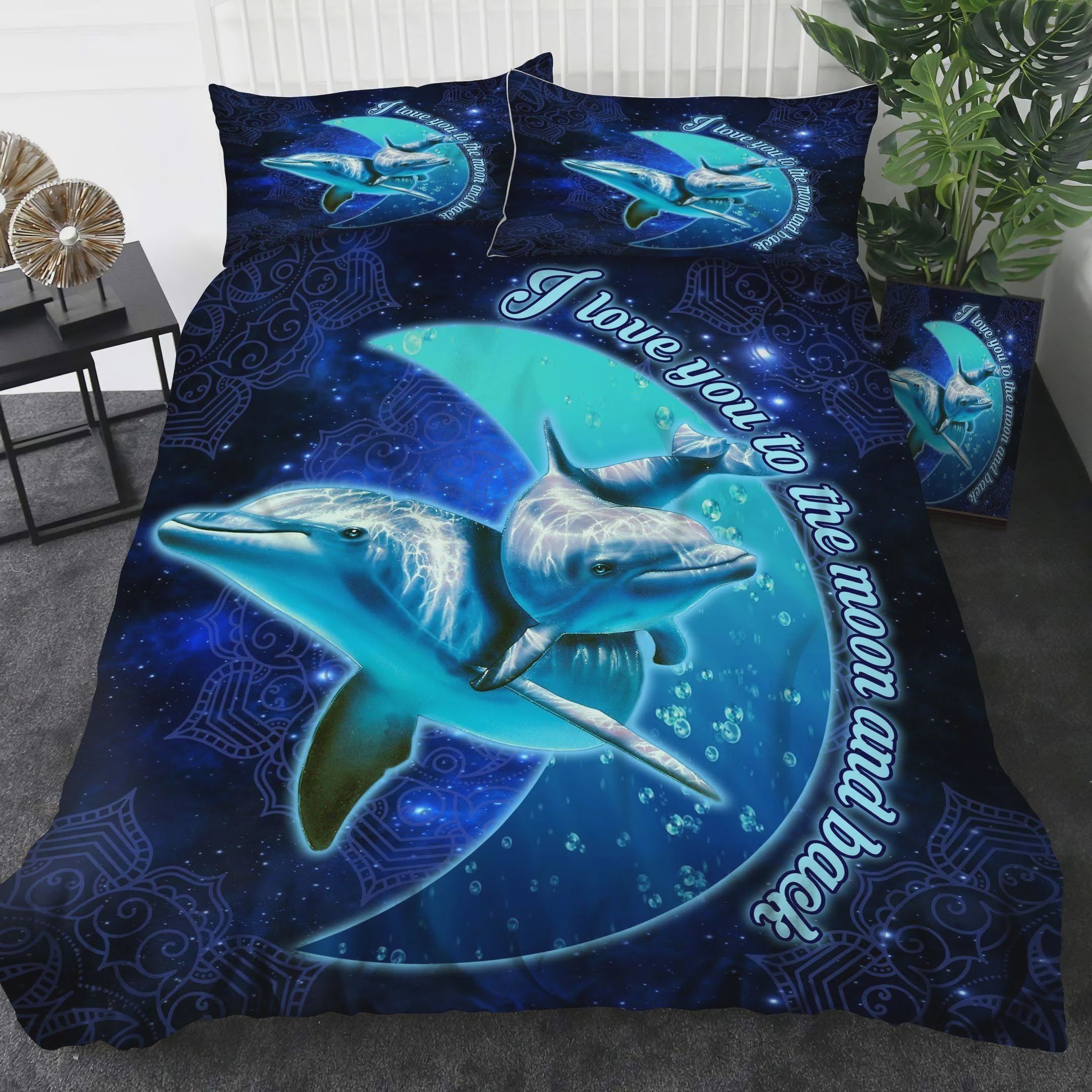 3D Dolphin I Love You To The Moon And Back Cotton Bed Sheets Spread Comforter Duvet Cover Bedding Sets