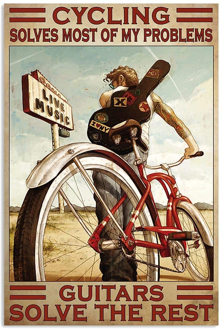 Vintage Man Cycling And Playing Guitars – Solve Problems Solve The Rest Poster Art Print      Home Decor Gift For Men Women Family Friend On Birthday Xmas