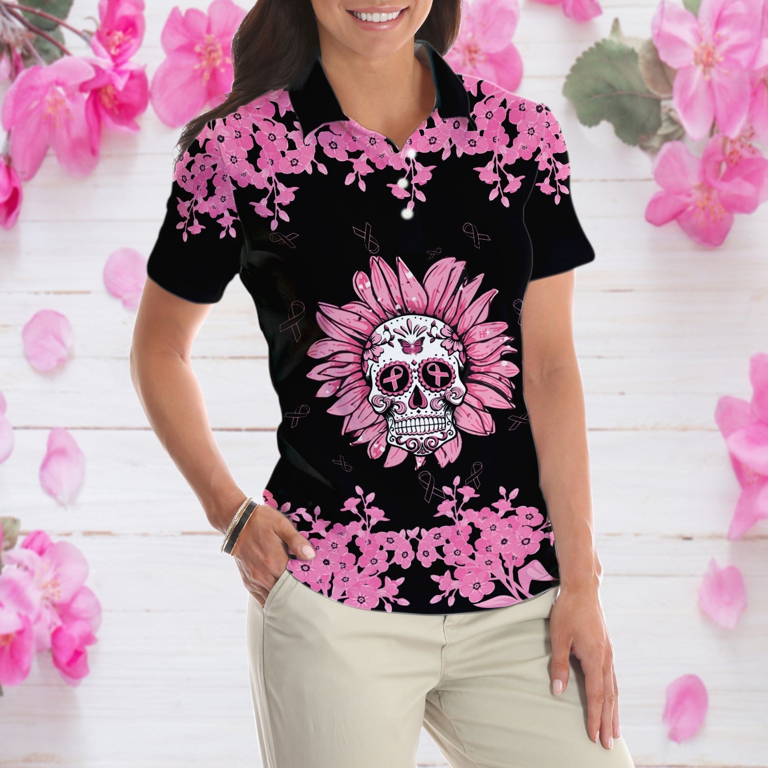 Fight Like A Girl Skull Sunflower Breast Cancer Awareness Women Polo Shirt, Pink Floral Calavera Skull Polo Shirt For Ladies Coolspod