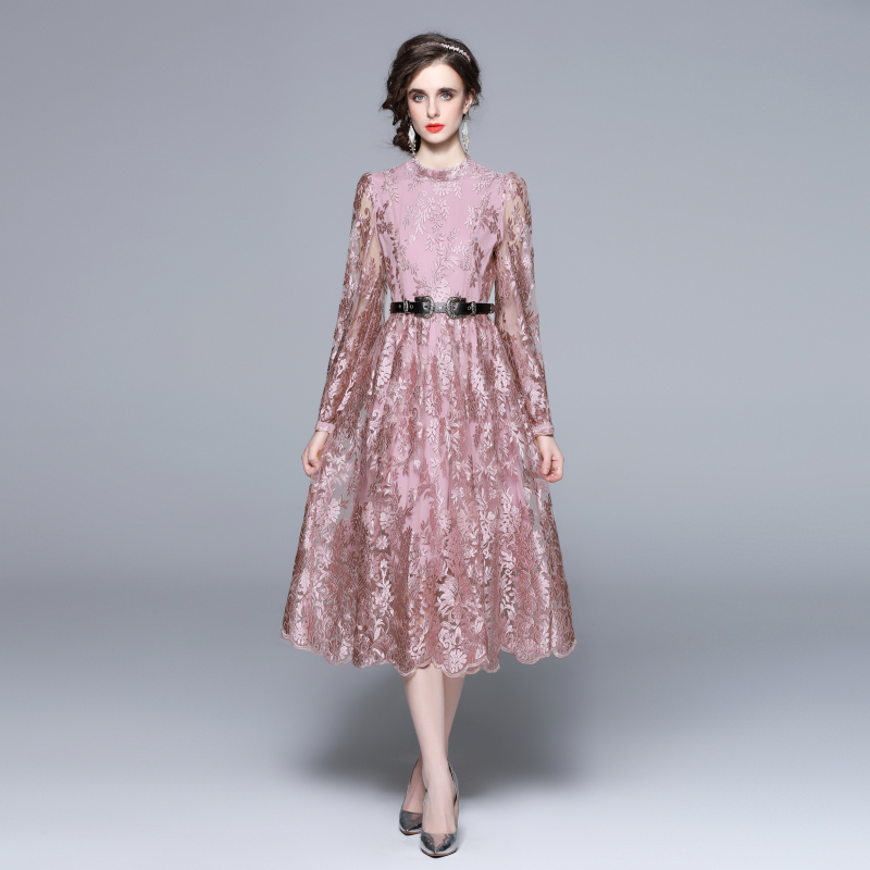 2022 Luxury Runway Pink Embroidery Mesh Dress Robe Women’s Stand Collar Lantern Sleeve High Waist Midi Dress With Belt Vestidos alx