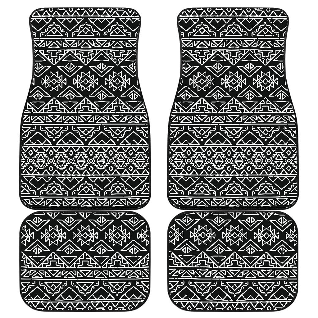 Black Ethnic Aztec Pattern Print Front And Back Car Floor Mats, Front Car Mat