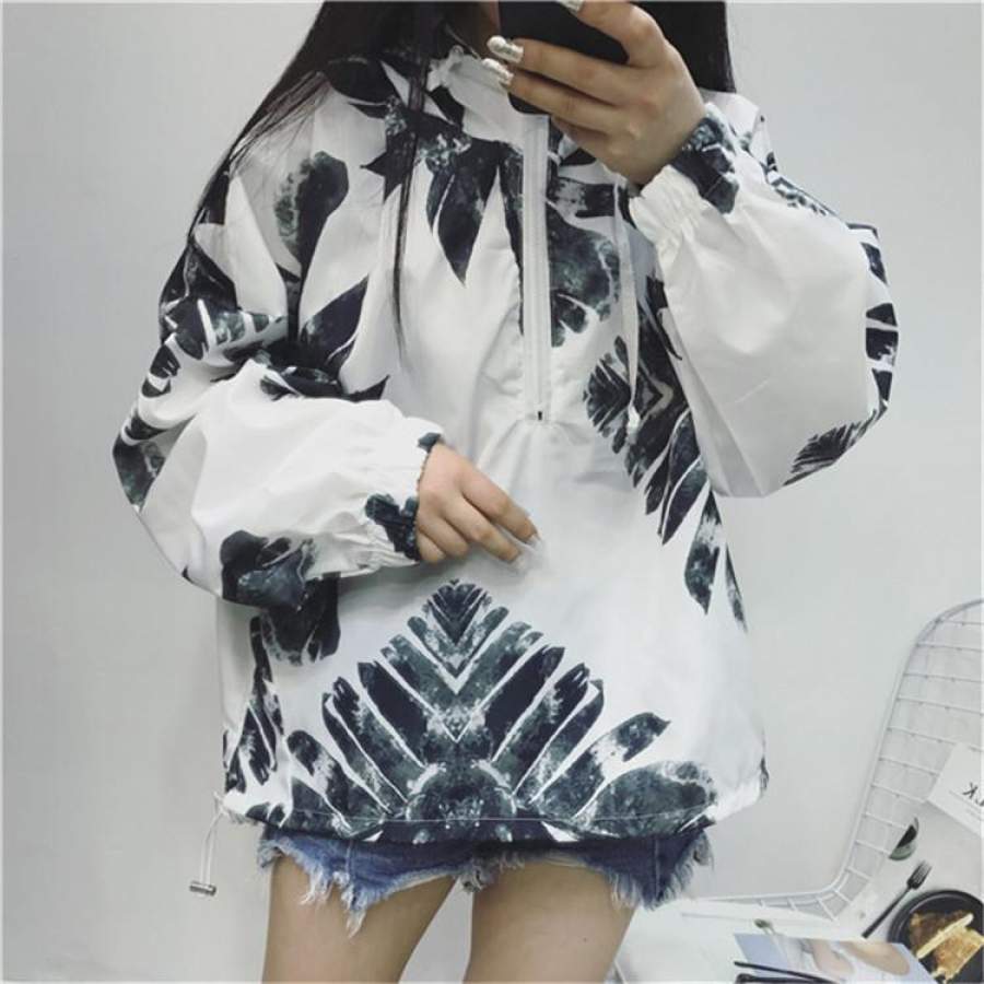 Spring Autumn Women Thin Hoodies Harajuku Printing Zipper Placket Batwing Sleeve Female Sweatshirts Loose