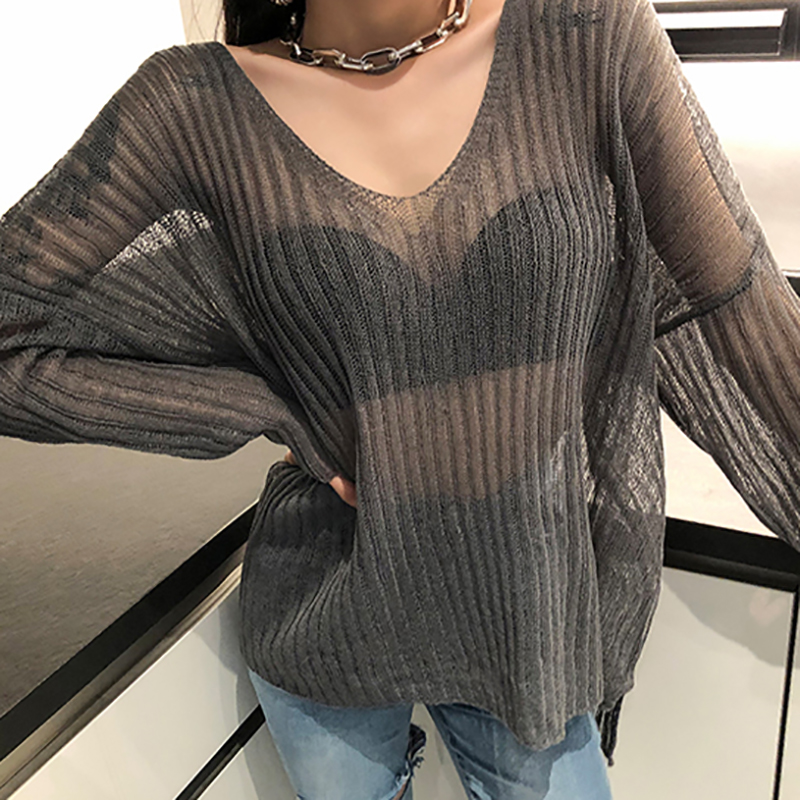 Women’s Sexy Thin Long Sleeve Sweater Summer See Through Sun-proof Pullover Knitted T Shirt Lady Chic Anti-sunburn Loose Jumper alx