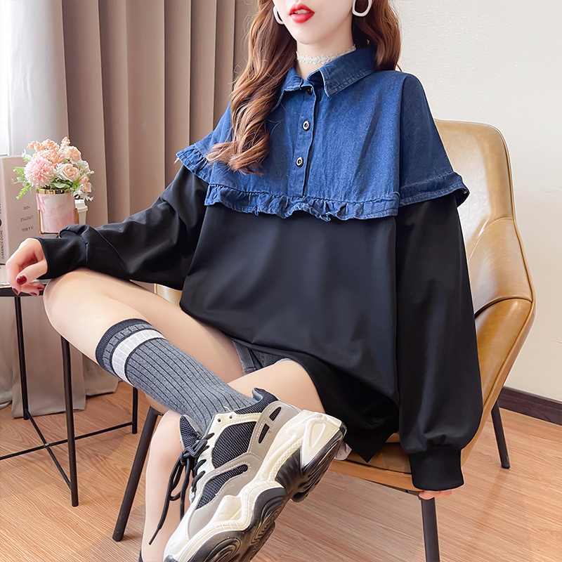 XFPV 2022 Autumn And Winter New Arrivals Thin Loose Patchwork Denim Long Sleeve Sweatshirt Top Medium Length Women’s SM1497 alx