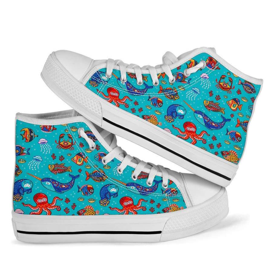 Manatee Whale Fish Octopus Pattern Print Men Women’s High Top Shoes