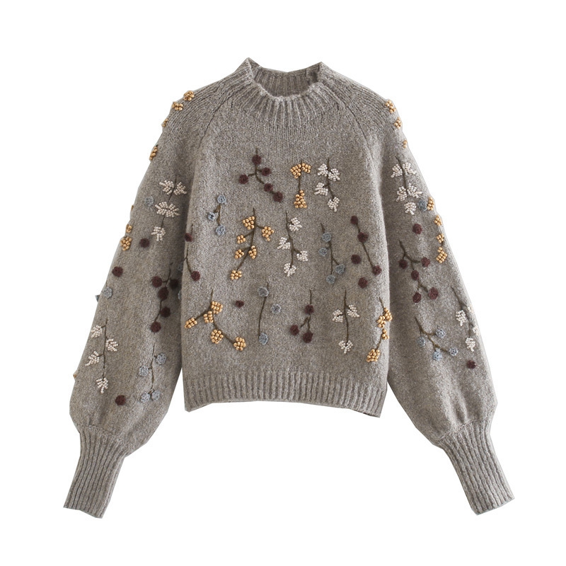 Ardm Pull Chic Bead Embroidery Grey Sweater Elegant Long Sleeve Vintage Winter Knit Pullover Women Tops With Floral Jumper alx