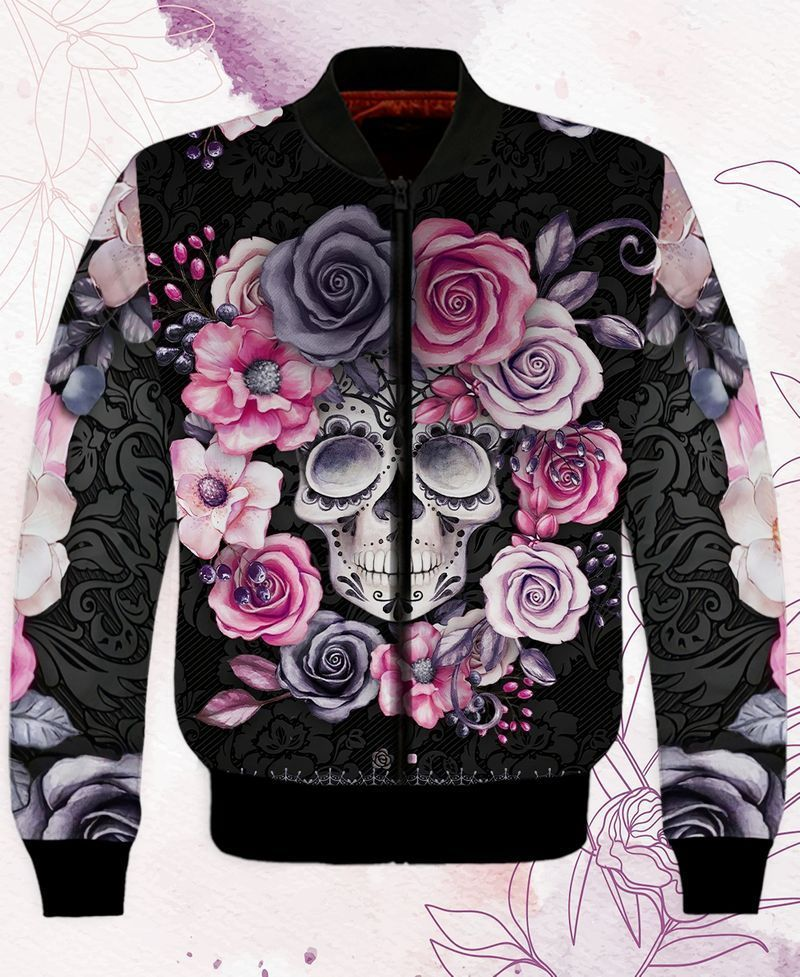 Exclusive Black Pink Design Gift For Skull And Flower Lover 3D Print Polyester Spandex Black Bomber Jacket