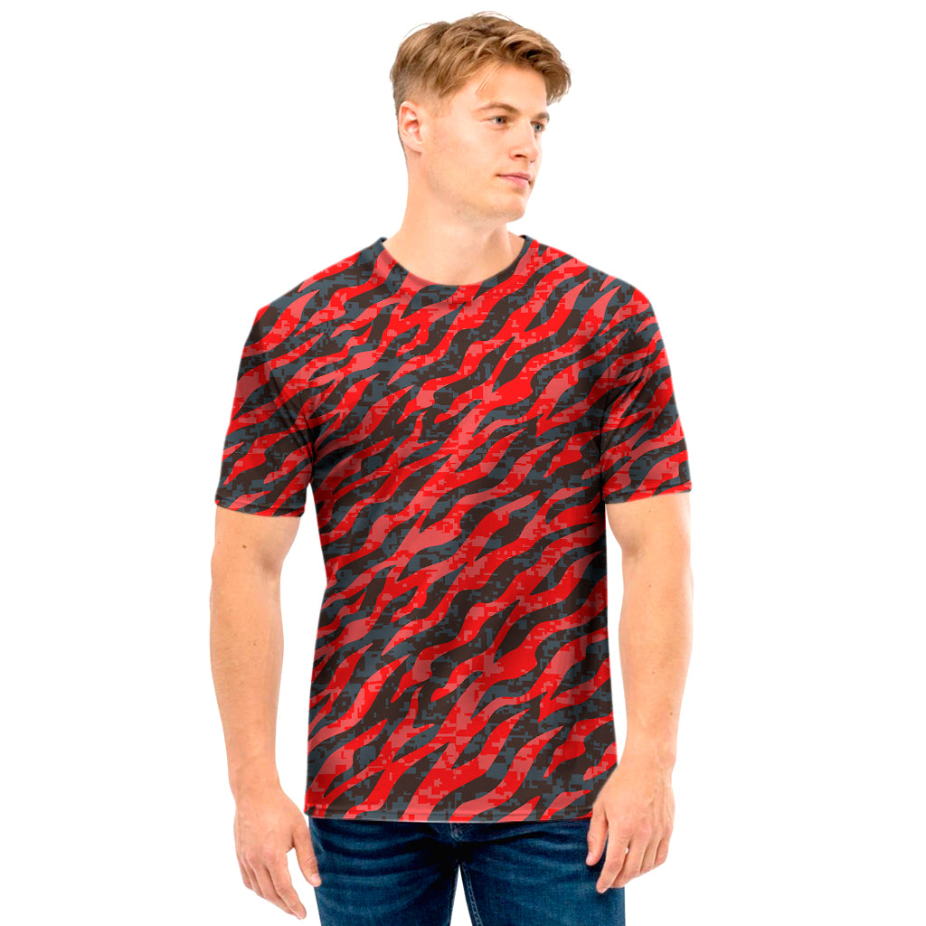 Black And Red Tiger Stripe Camo Print Men’S T-Shirt