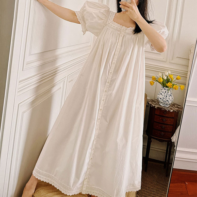 Victorian White Night Dress Women Summer Pure Cotton Short Sleeve Long Peignoir Vintage Nightgown Sleepwear Princess Nightwear alx