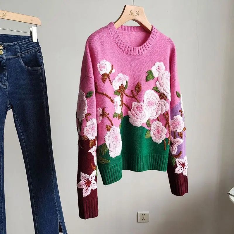 2021 Autumn Winter New European Goods Round Neck Loose Color Matching Three-dimensional Embroidery Long-sleeved Cashmere Sweater alx