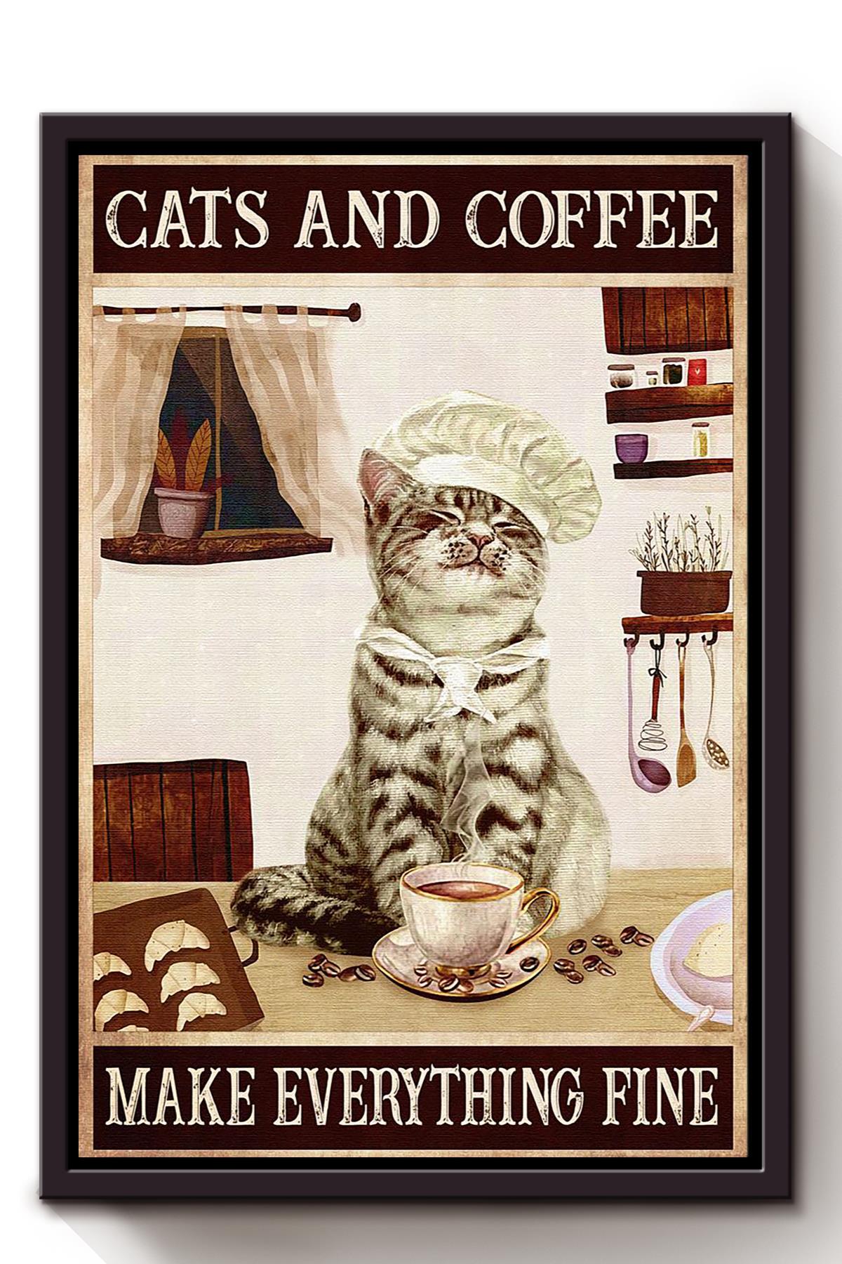 Cat And Coffee Animal Wall Art Gift For Cat Lover International Cat Day Kitten Foster Cafe Decor Framed Canvas