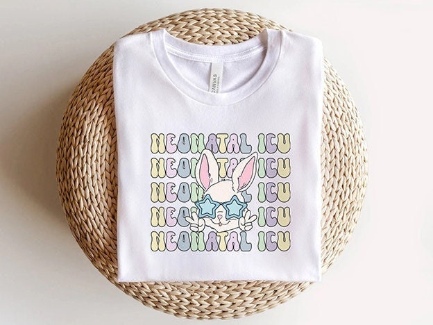 Retro NICU Easter T-Shirt, Funny Neonatal ICU Nurse Rn Tech Spring Easter Bunny Shirt, Newborn ICU Nurse Huc Aid Groovy Tshirt