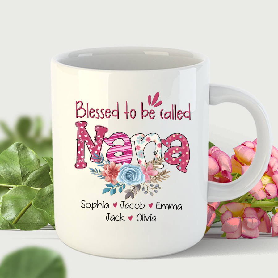 Blessed To Be Called Nana Grandkids Name Valentine Mug