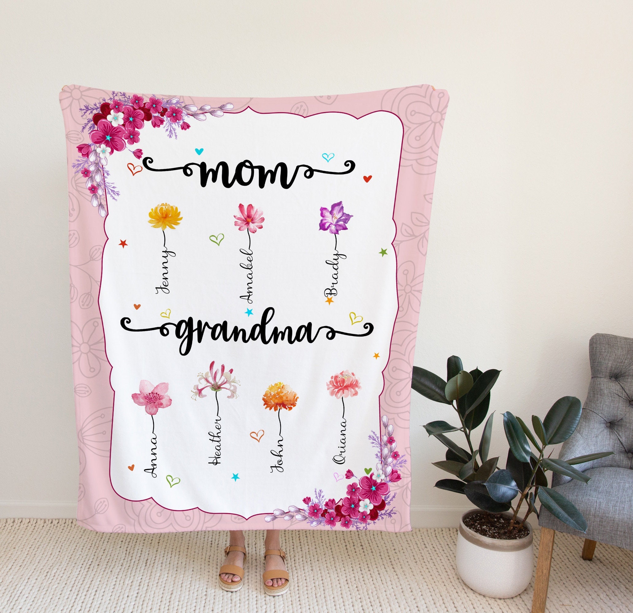 Personalized Gift Ideas For Mom And Grandma, Custom Birth Month Flower Blanket, Gift From Grandchild.