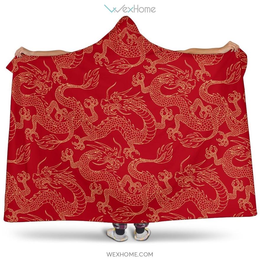 Gold Dragons Red Background Hooded Blanket