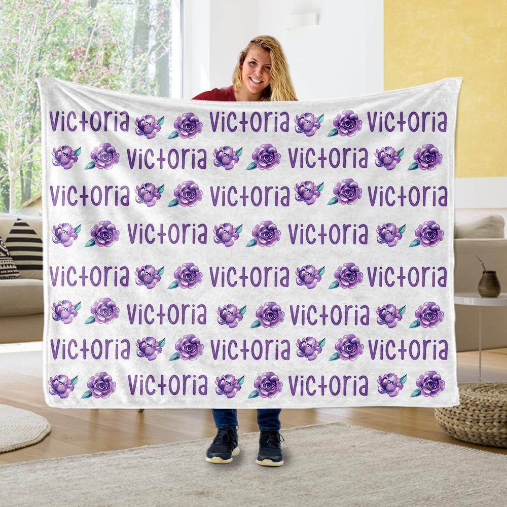 Victoria Floral Purple Name Custom Text Printed Fleece Blanket