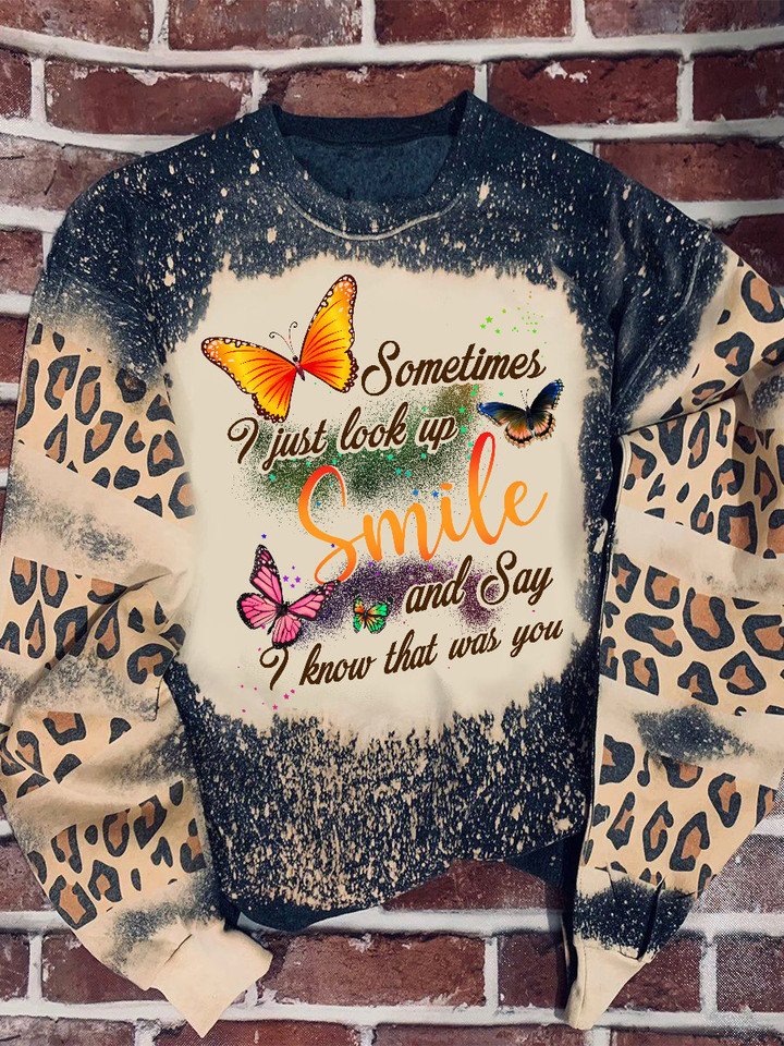 Butterfly Smile Leopard Bleached Sweatshirt Memorial Gift Christmas Gift