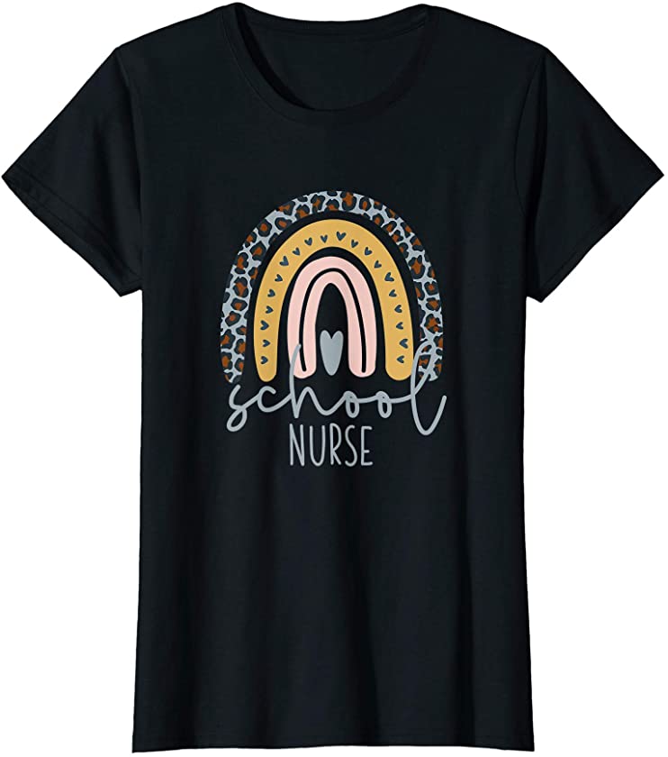 Womens Rainbow Leopard Print School Nurse T-Shirt