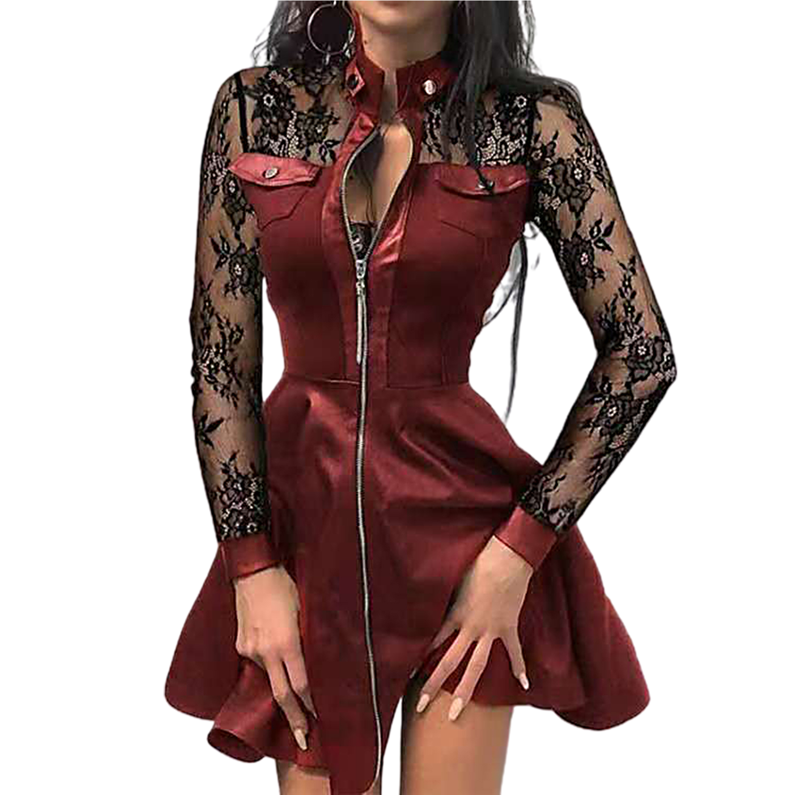 2021 Fashion Women Lace Long Sleeve Zipper Pocket Large Hem Faux Leather Mini Dress Women’s Clothing женское платье vestidos 5XL alx