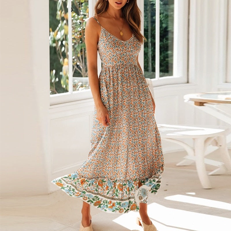 Boho Floral Print Beach V-Neck Straps Spring Long Dress High Waist A-Line Dress